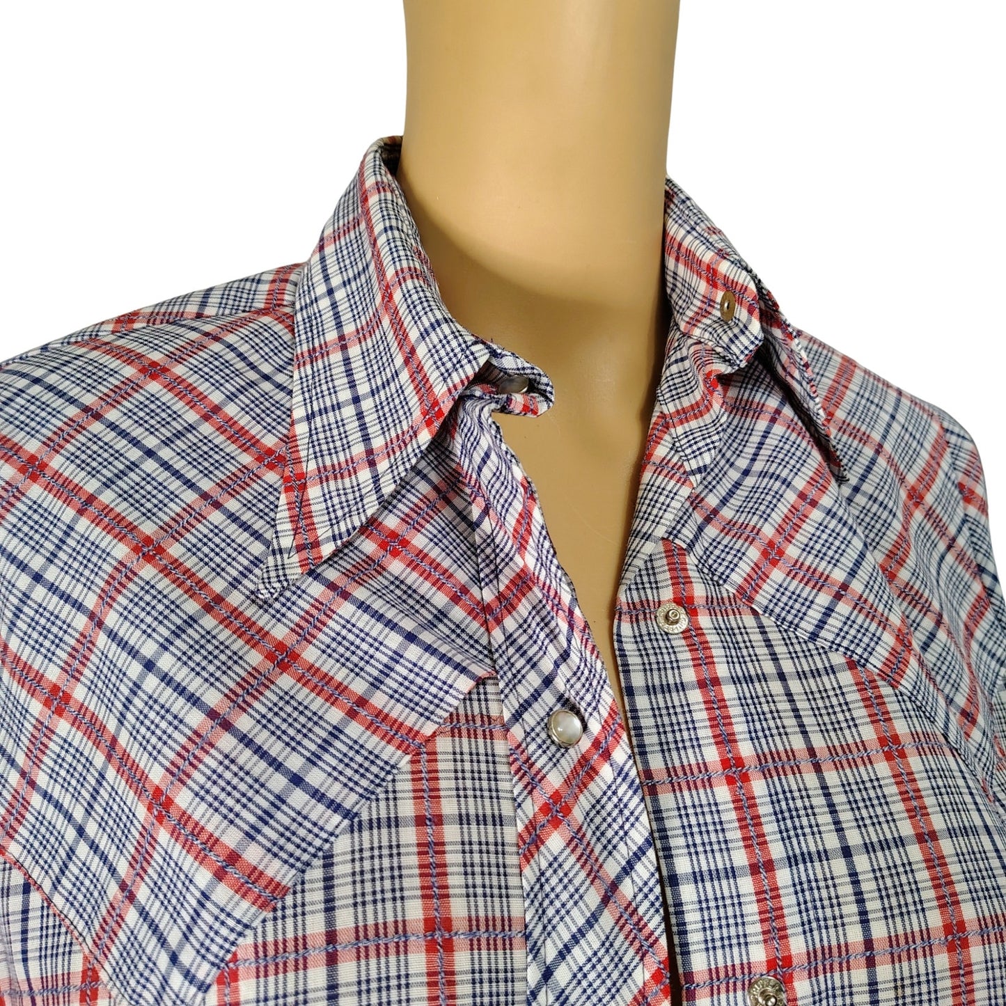 60s Blue Red Levis Western Cowgirl Button Up Shirt Pearl Snap Button Size Small [Vintage]
