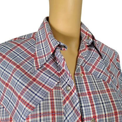 60s Blue Red Levis Western Cowgirl Button Up Shirt Pearl Snap Button Size Small [Vintage]