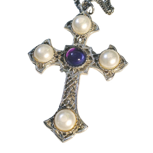 70s Vintage Sarah Coventry Silver Cross Pendant Necklace Amethyst Faux Pearls