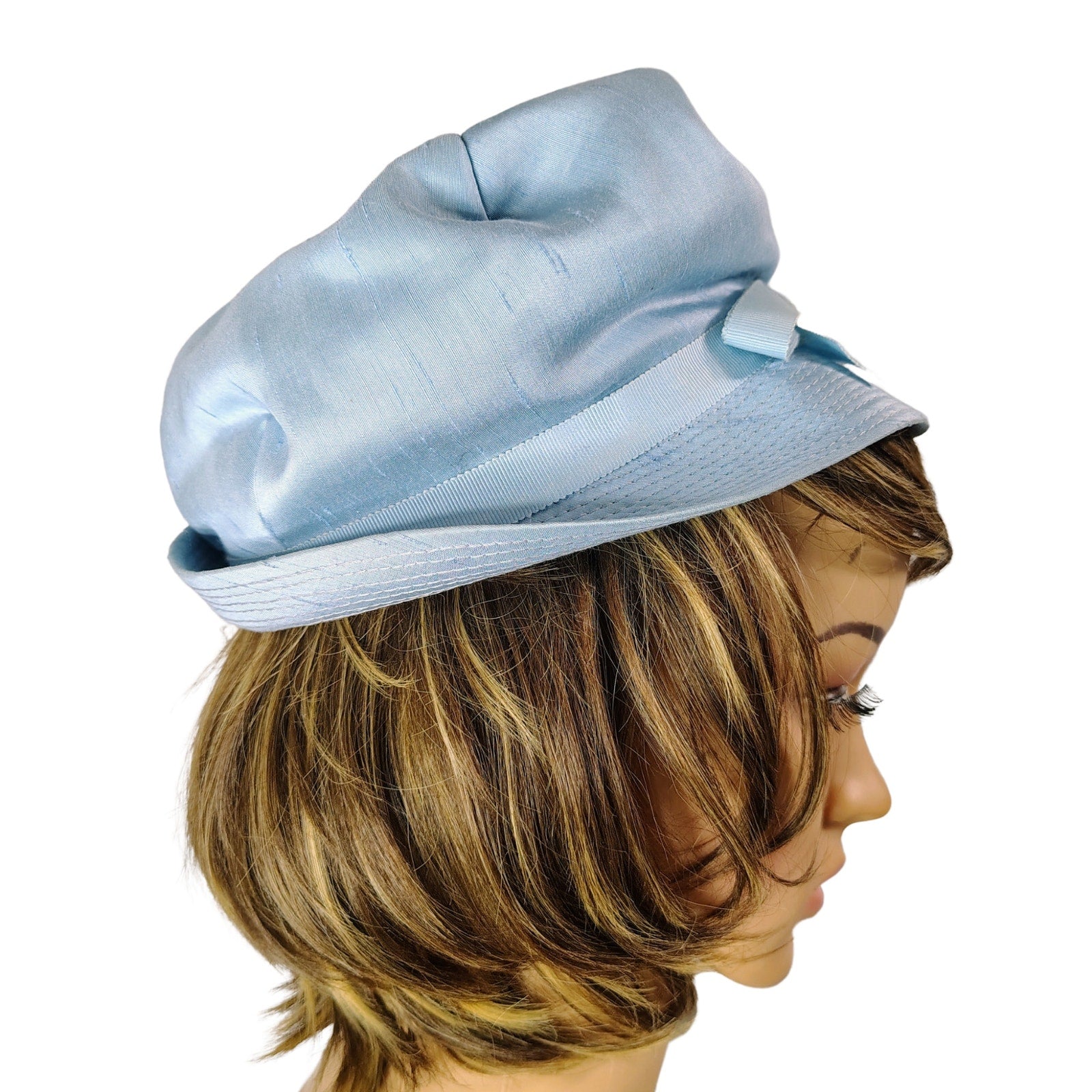 1950s Pale Blue Bucket Cloche Hat Scrunched Bow Detail with Brim USA Union Made [Vintage]