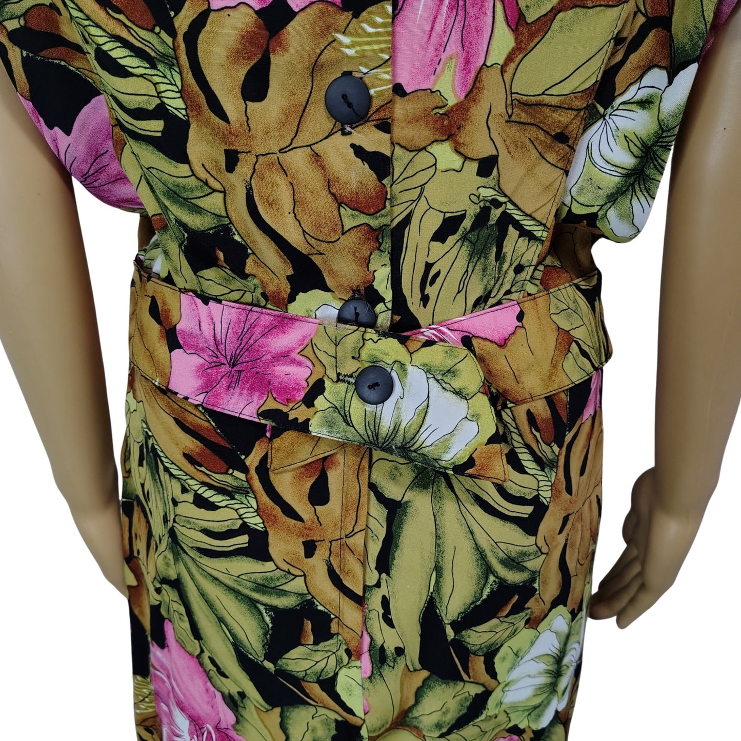 1980s April Rain Tropical Wiggle Dress Shoulder Pads Button Up Back Size Small [Vintage]