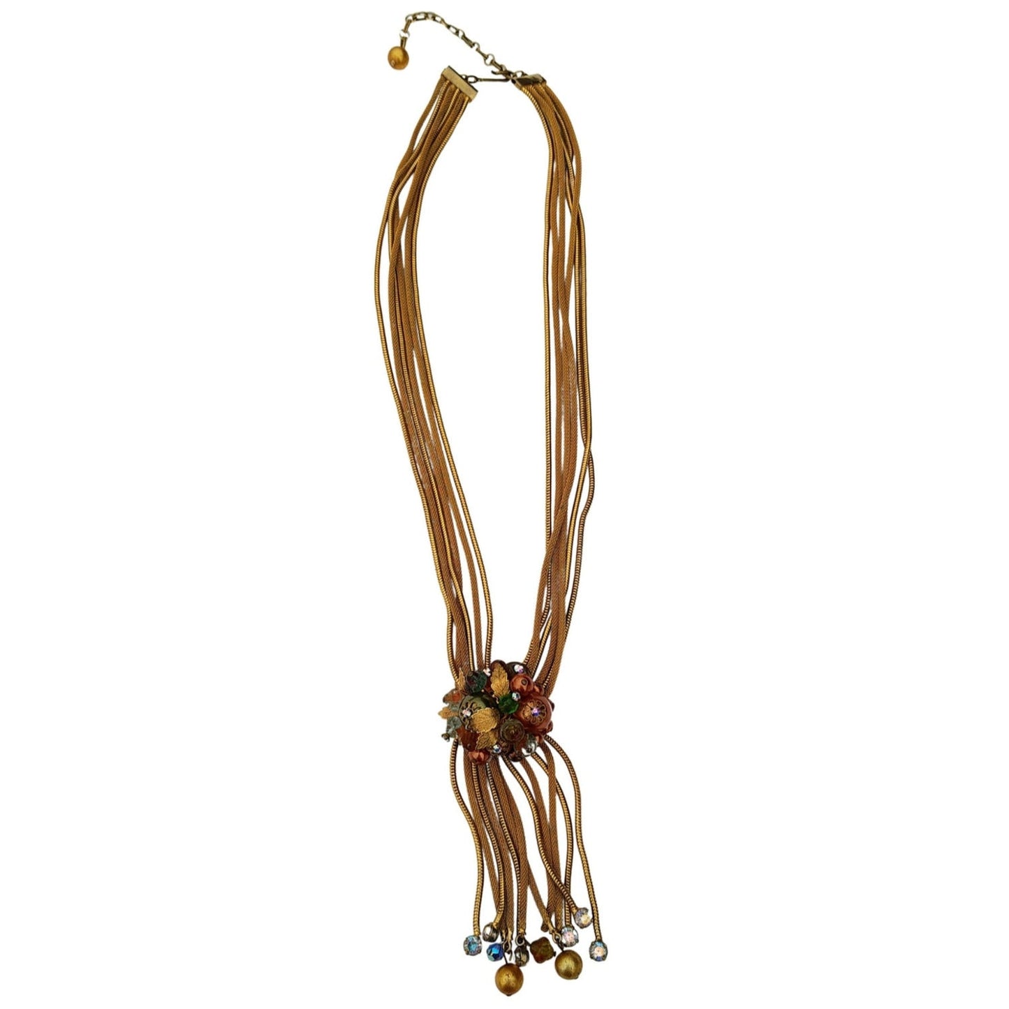 Aurora Borealis Beads Multi Strand Gold Tone Tie Necklace [Vintage]