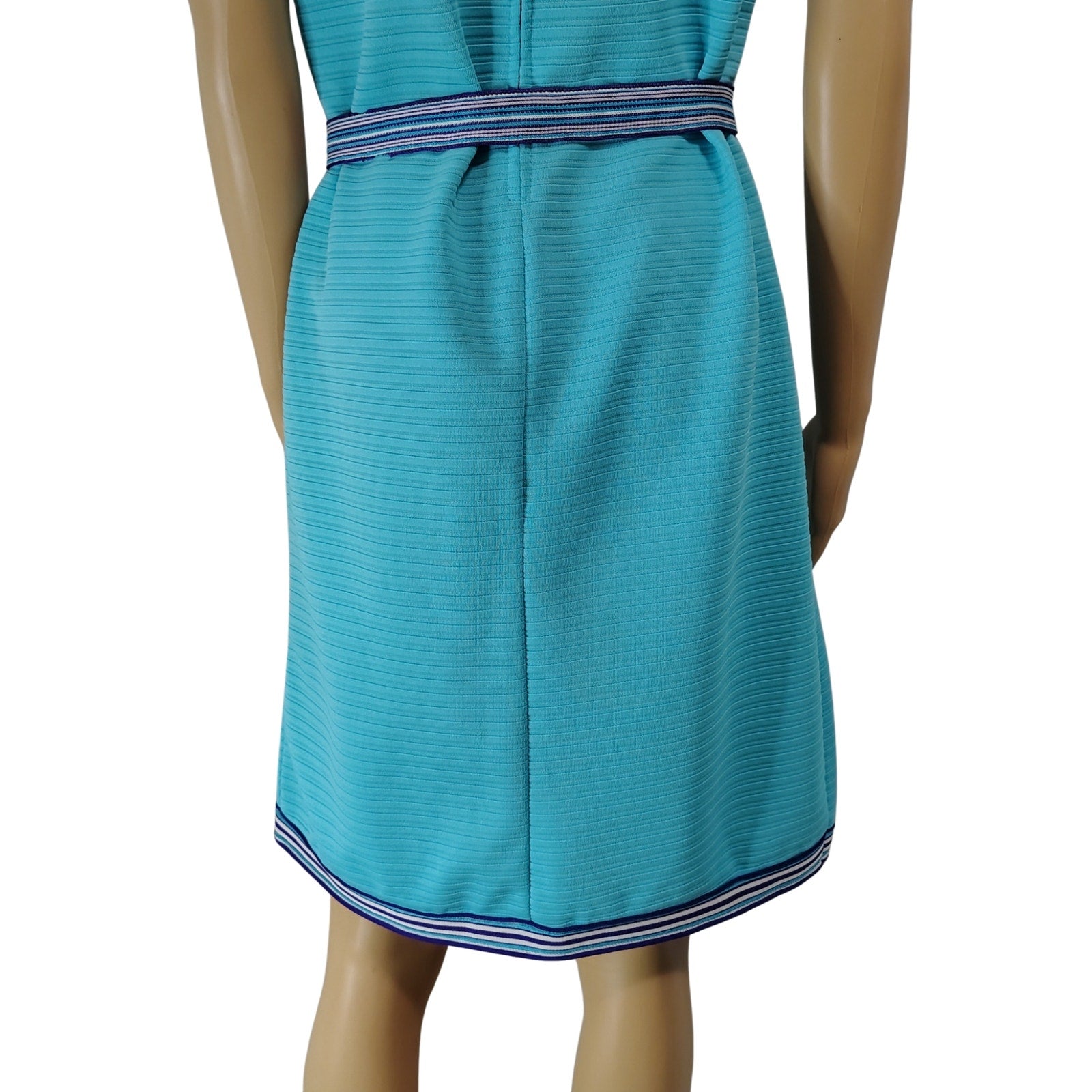 1970s Supreme Turquoise Blue Striped Texture Sleeveless High Neck Dress Size Medium [Vintage]