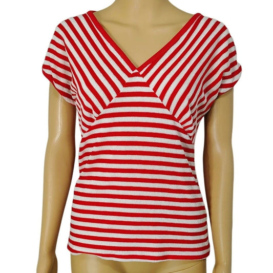 1970s Red White Striped Terry Cloth V Neck Short Sleeve Top Size Small [Vintage]