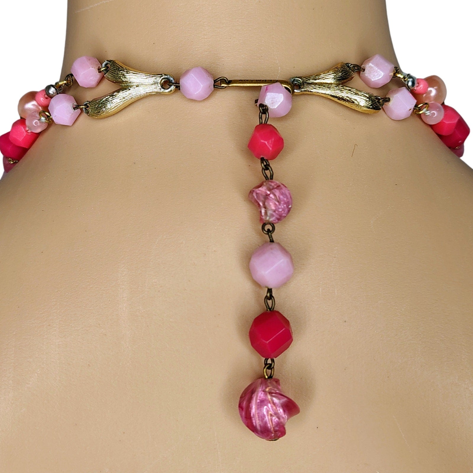1950s Pink Translucent Plastic Double Layered Gold Tone Statement Necklace [Vintage]