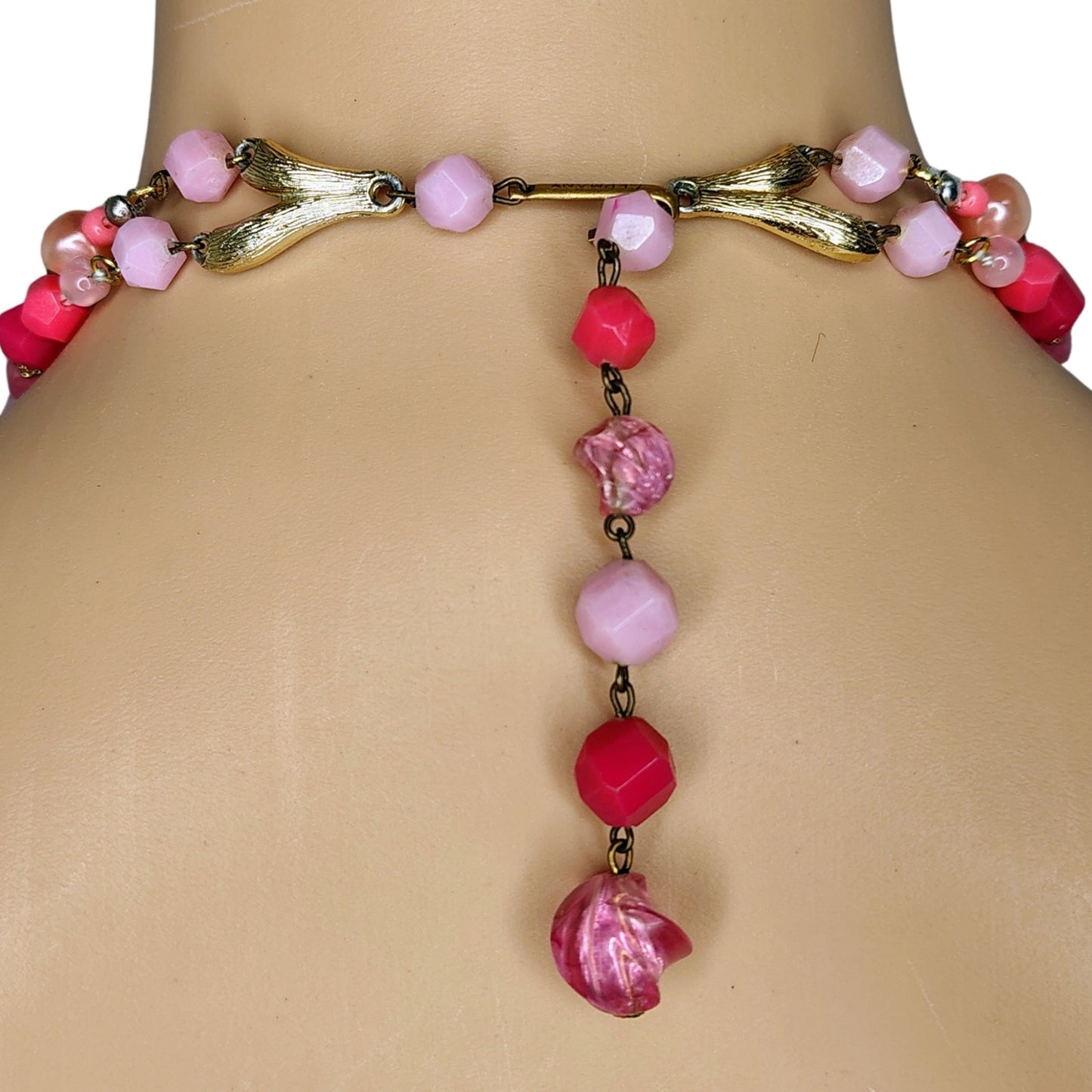 1950s Pink Translucent Plastic Double Layered Gold Tone Statement Necklace [Vintage]