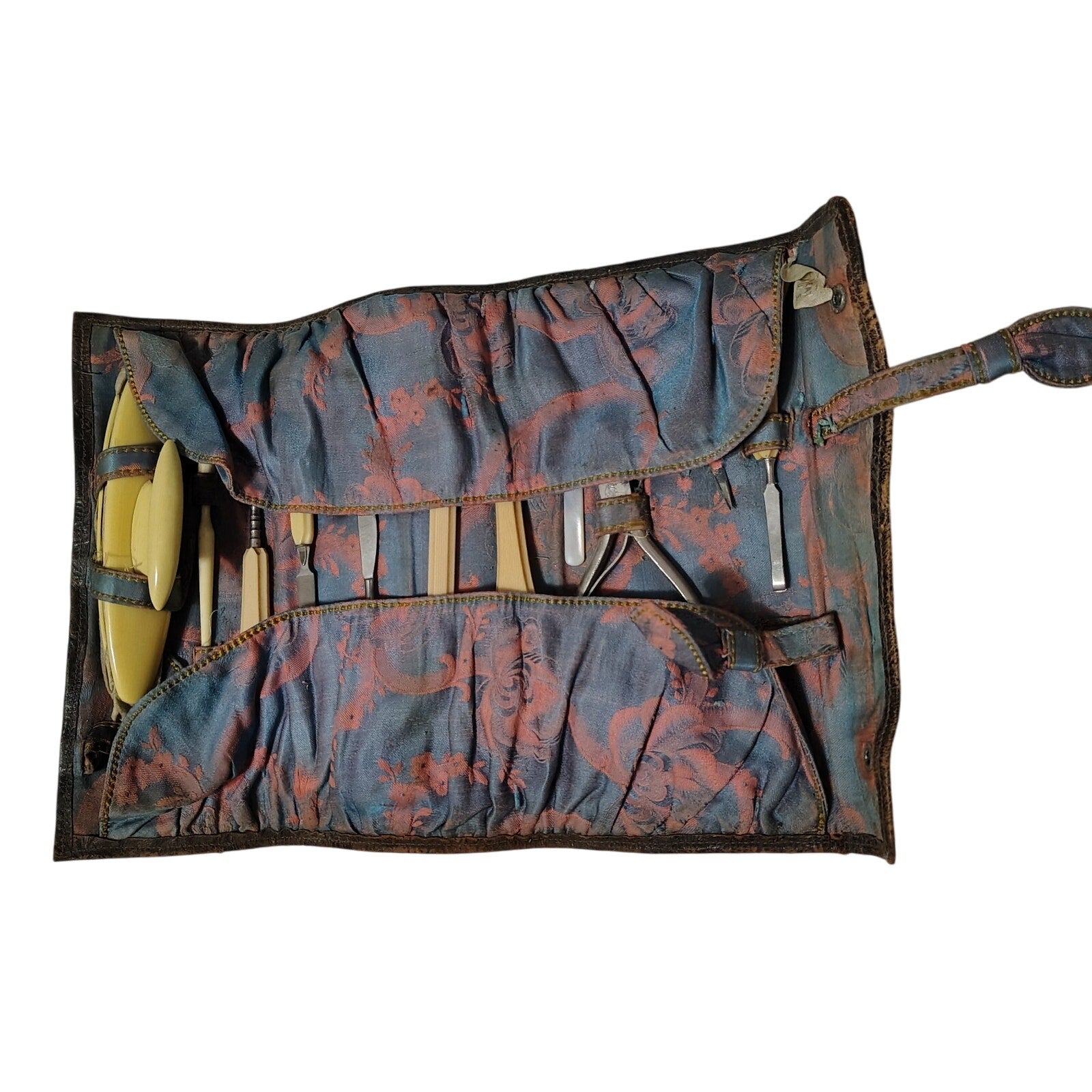 1900-1920 Tooled Leather Floral Celluloid 11 Pc Manicure Set Travel Case [Antique]