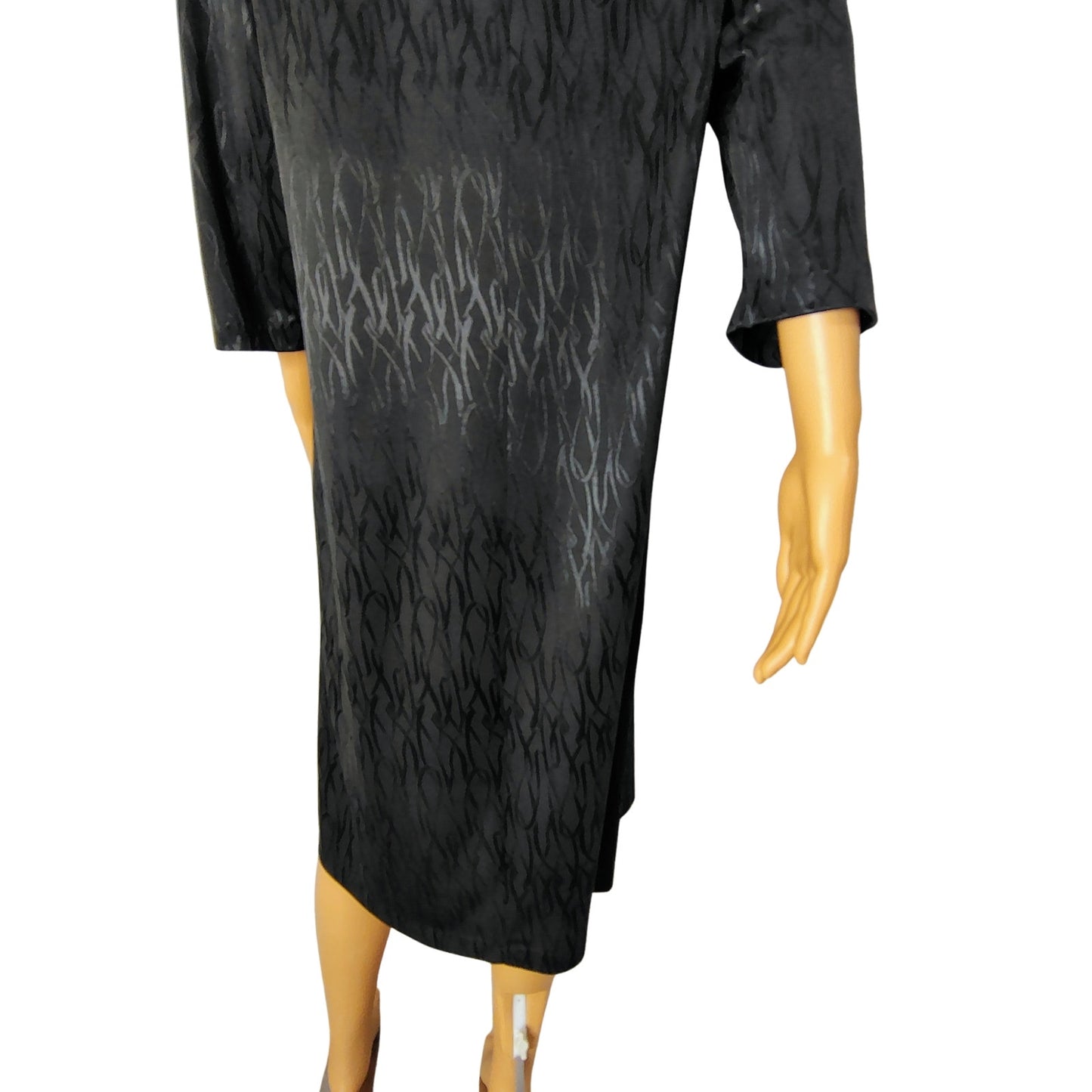 1970s Anthony Richards Abstract Print Black on Black Sheath Dress  Plus Size 14 [Vintage]