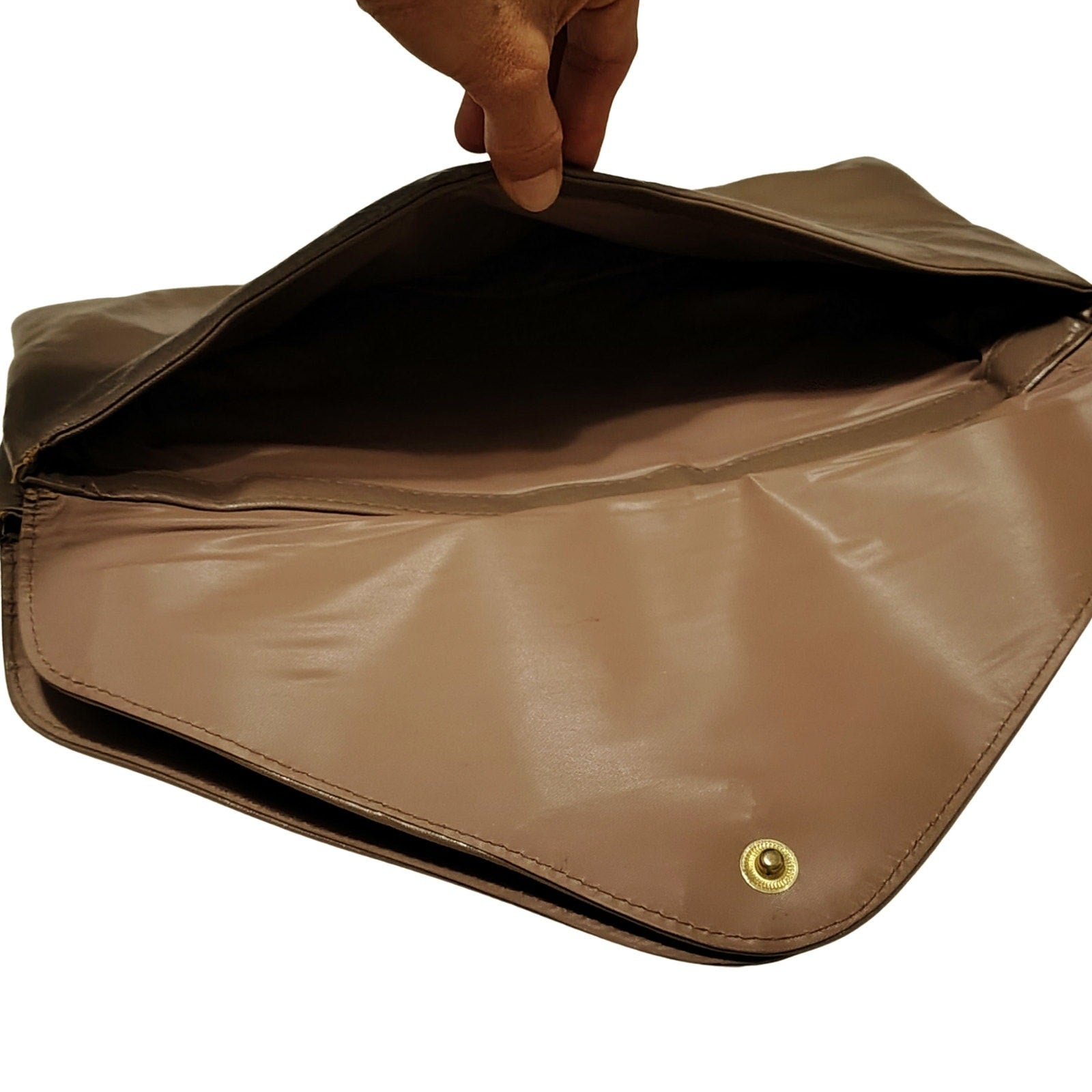 1970s Maxi Clutch Taupe Two Pockets Two Fold Over Closures Wristlet [Vintage]