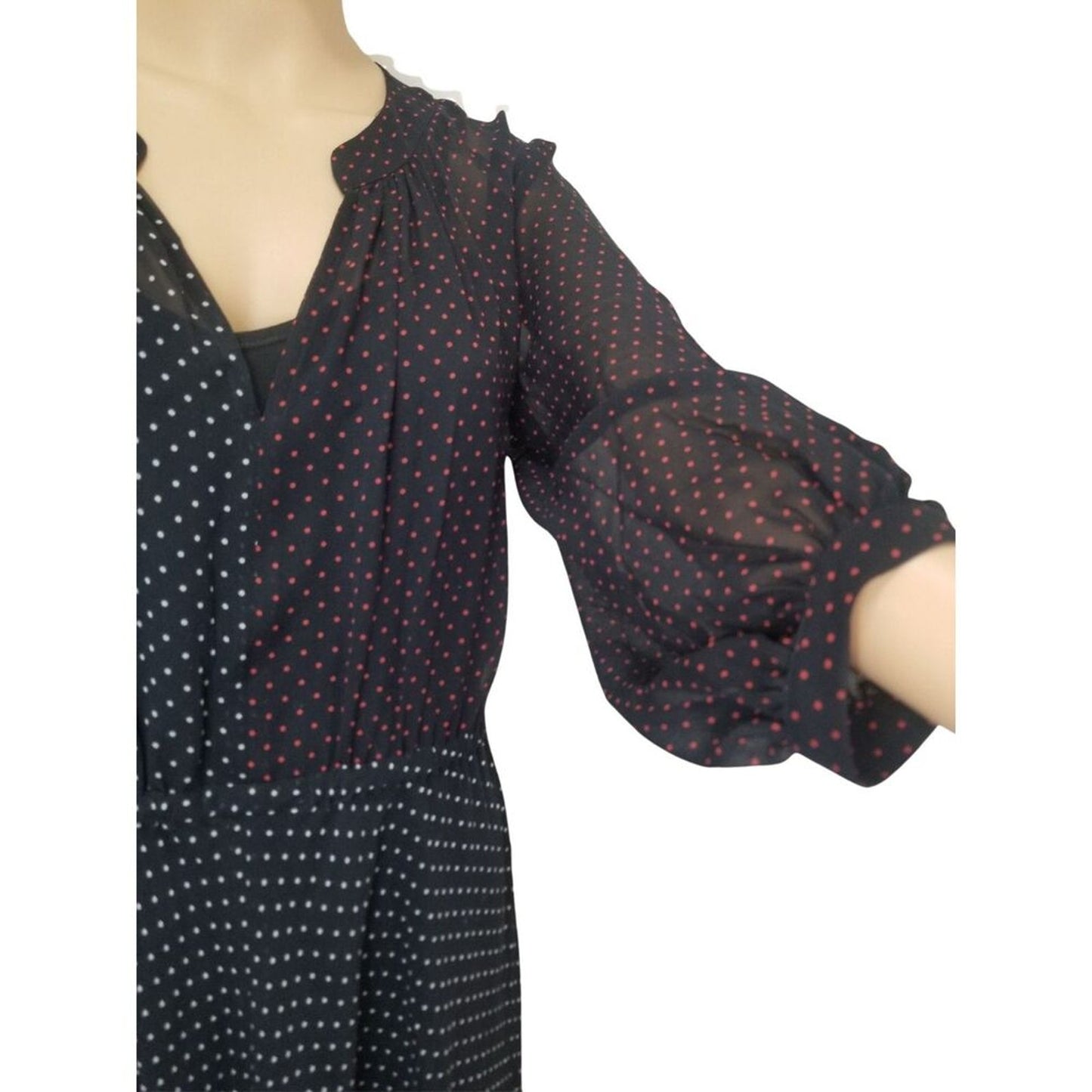 Silk Crepe Black Dots Akris Punto Slightly Sheer Midi Dress 3/4 Sleeve SZ 8