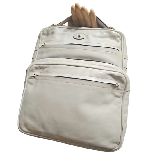 1980s Cream Etienne Aigner Top Handle Square Leather Two Pouch Top Zip Bag [vintage]