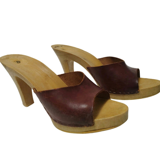 1970s Candies Style Faux Wood Heels Brown Leather Uppers USA 6 EUR 37 UK 4.5 [Vintage]