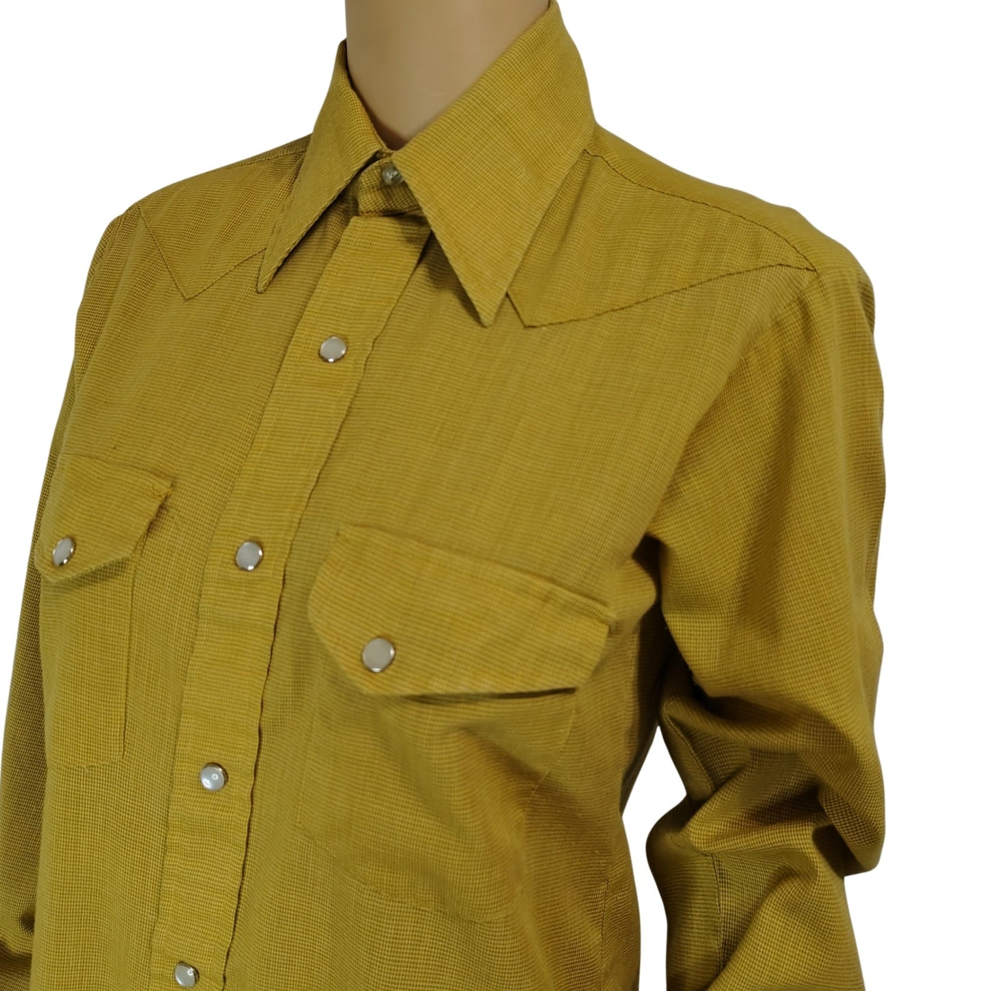 1970s Western Long Sleeve Collar Shirt Mustard Yellow Pearl Snap  Size Small [Vintage]