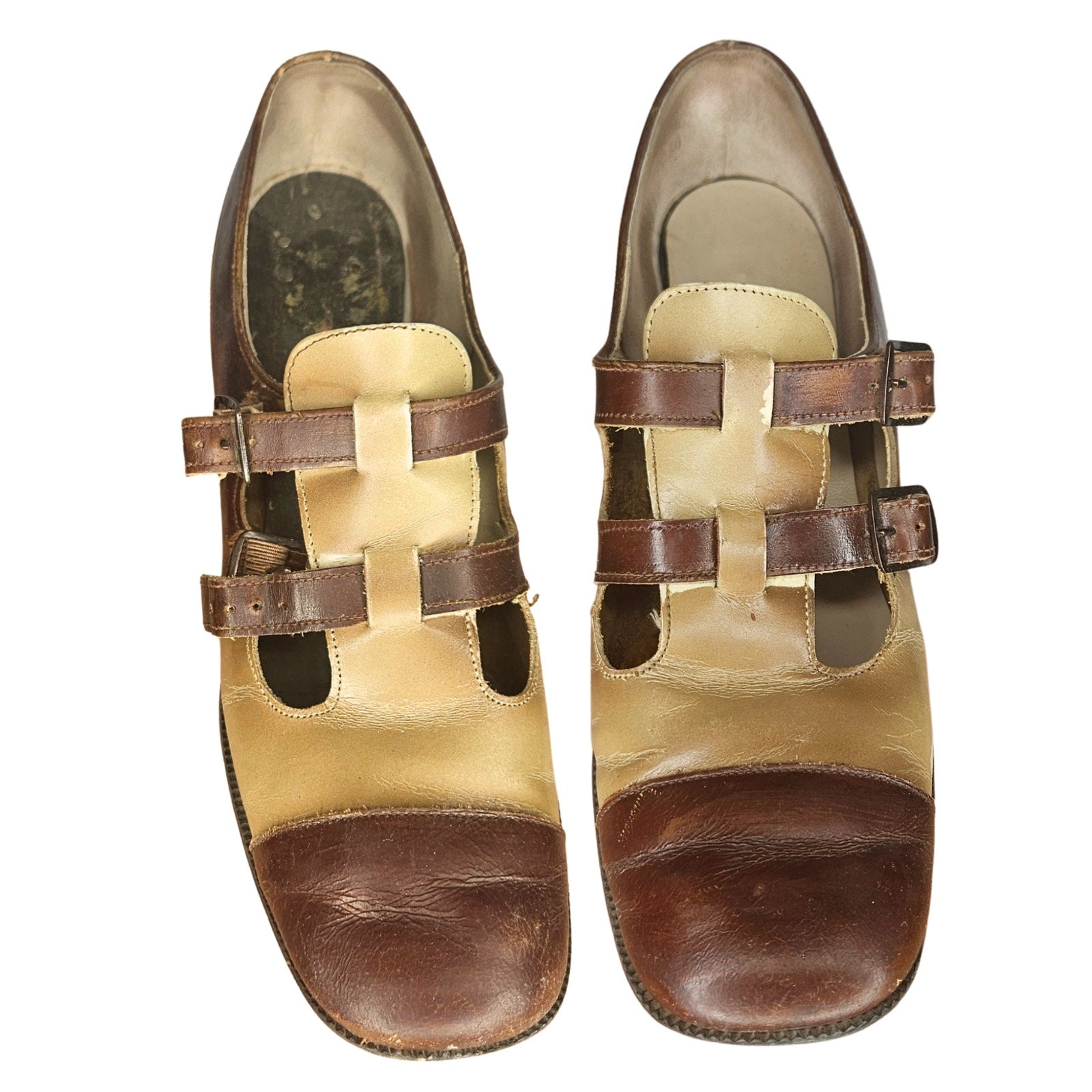 1930s Two-Tone Double-Strap Leather Mary Jane Round Closed Toe Block Heel Shoes [Antique]