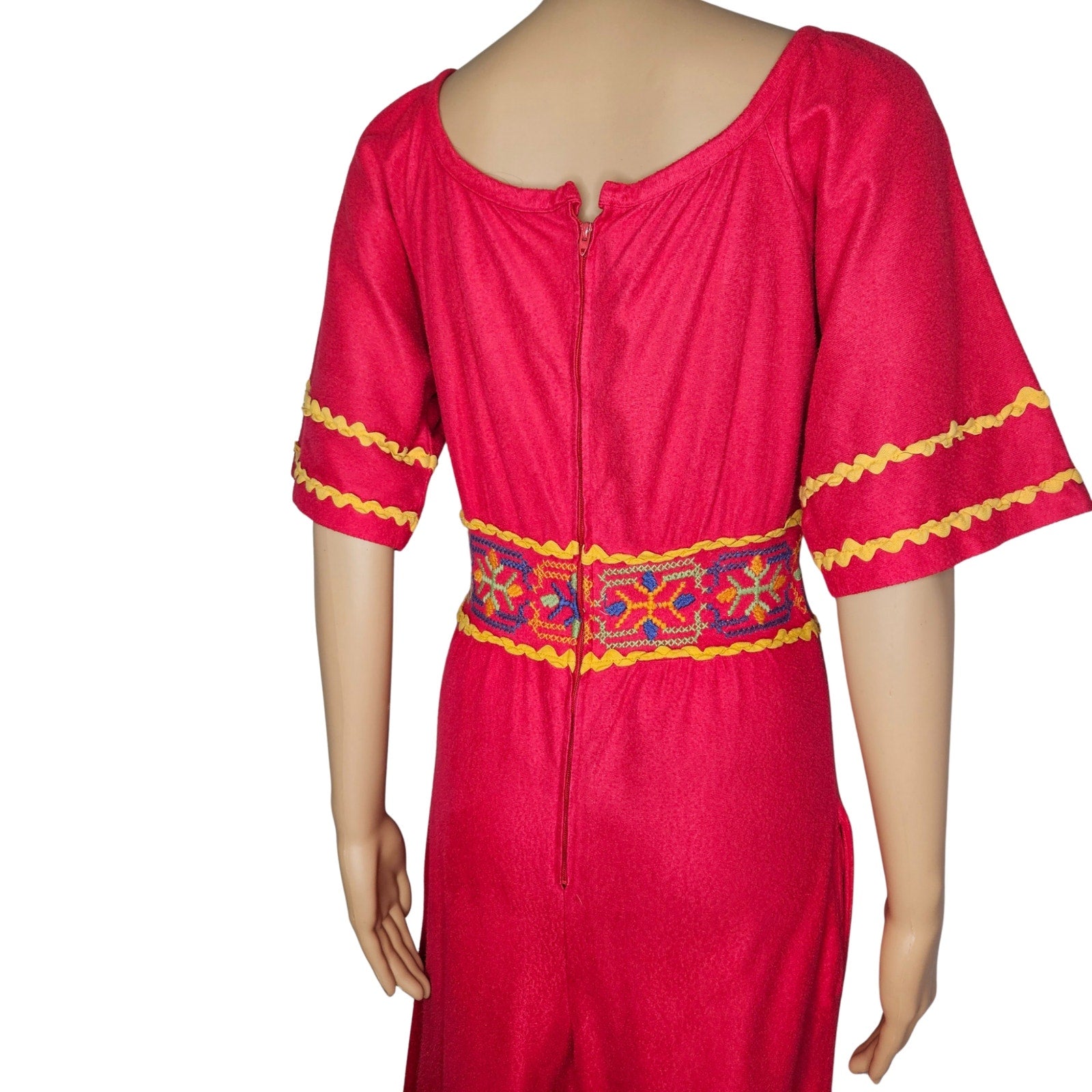 1990s Embroidered Red Katz Culotte Short Sleeve Romper Long Back Zipper Size Small