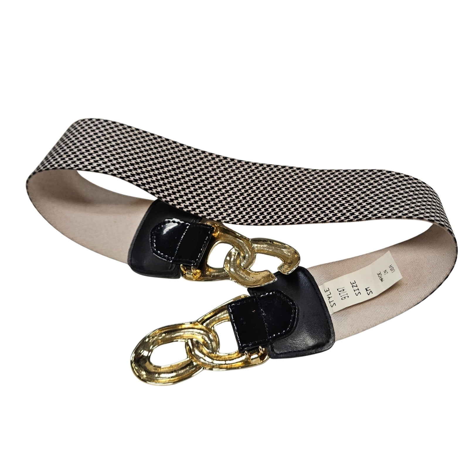 1980s Houndstooth Elastic High Waisted Belt Gold Chunky Buckle Patent Leather Small [Vintage]