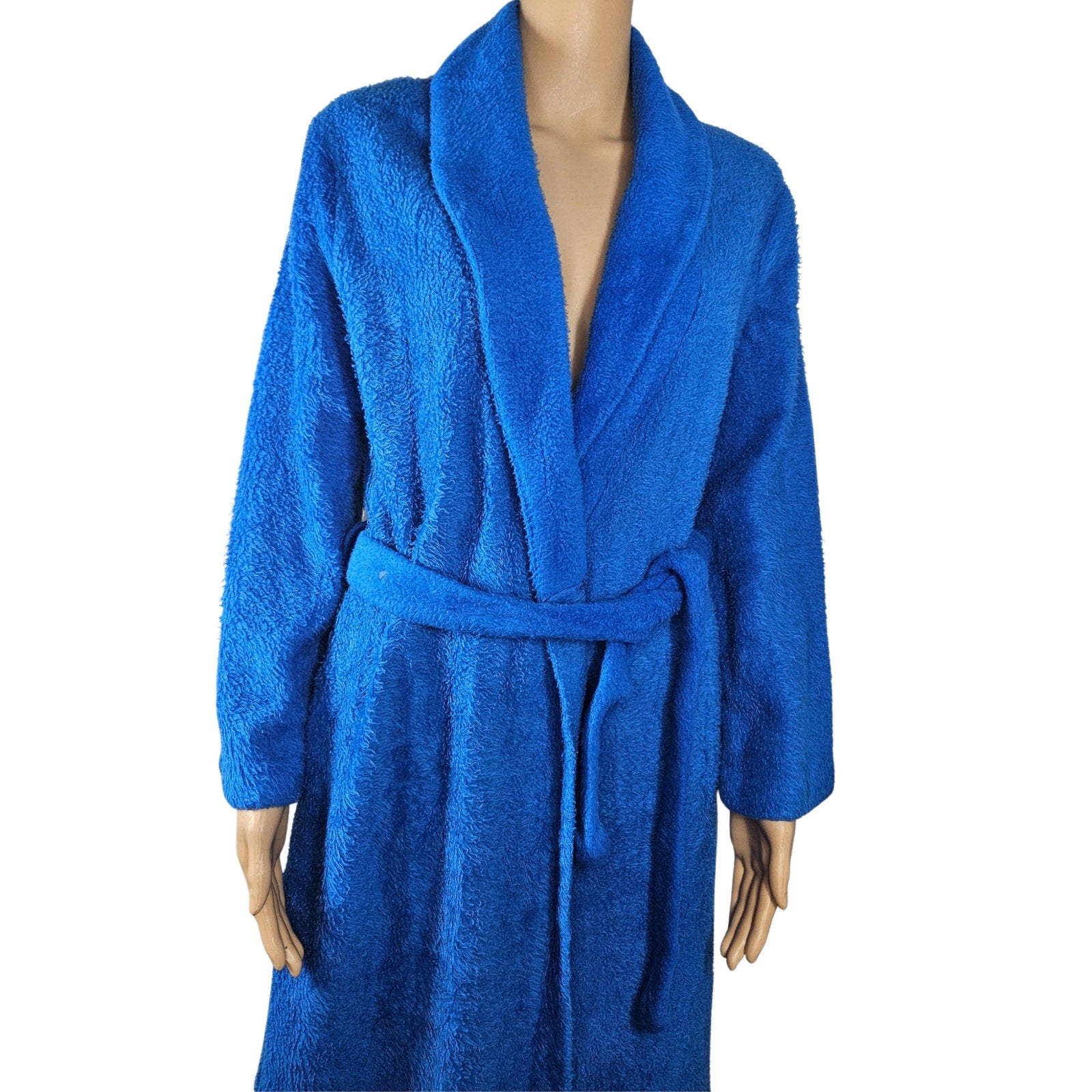 1970s Electric Blue Shaggy Full Length Robe Matching Belt Teddy Bear Fleece