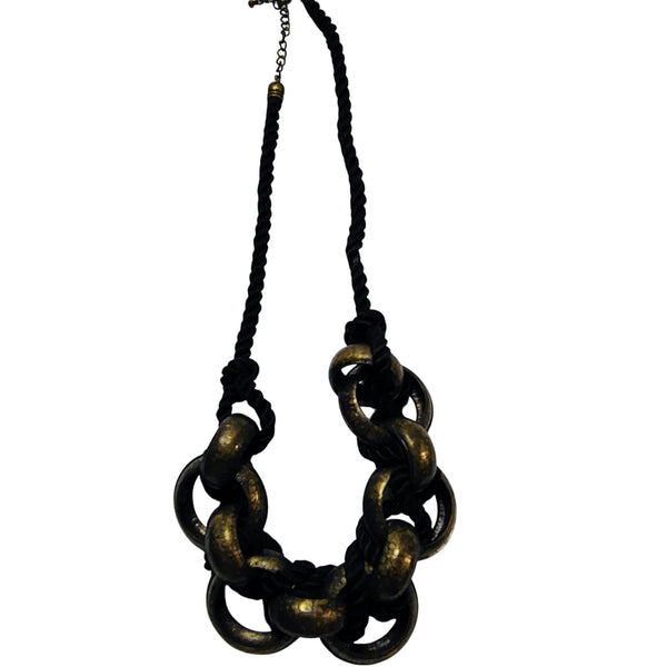 Vintage Huge Metal Rings on Black Cord Statement Necklace Adjustable Chain Link