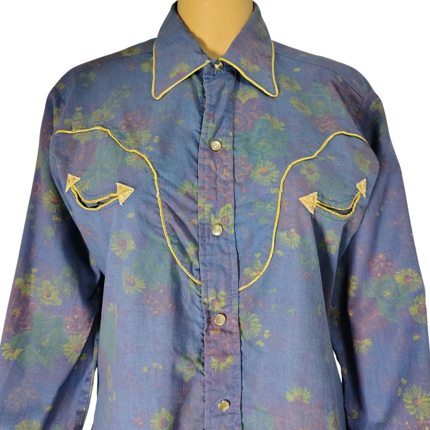 1980s Purple Floral Metallic Gold Western Pearl Snap Button Shirt H Bar C Size 15.5 [Vintage]