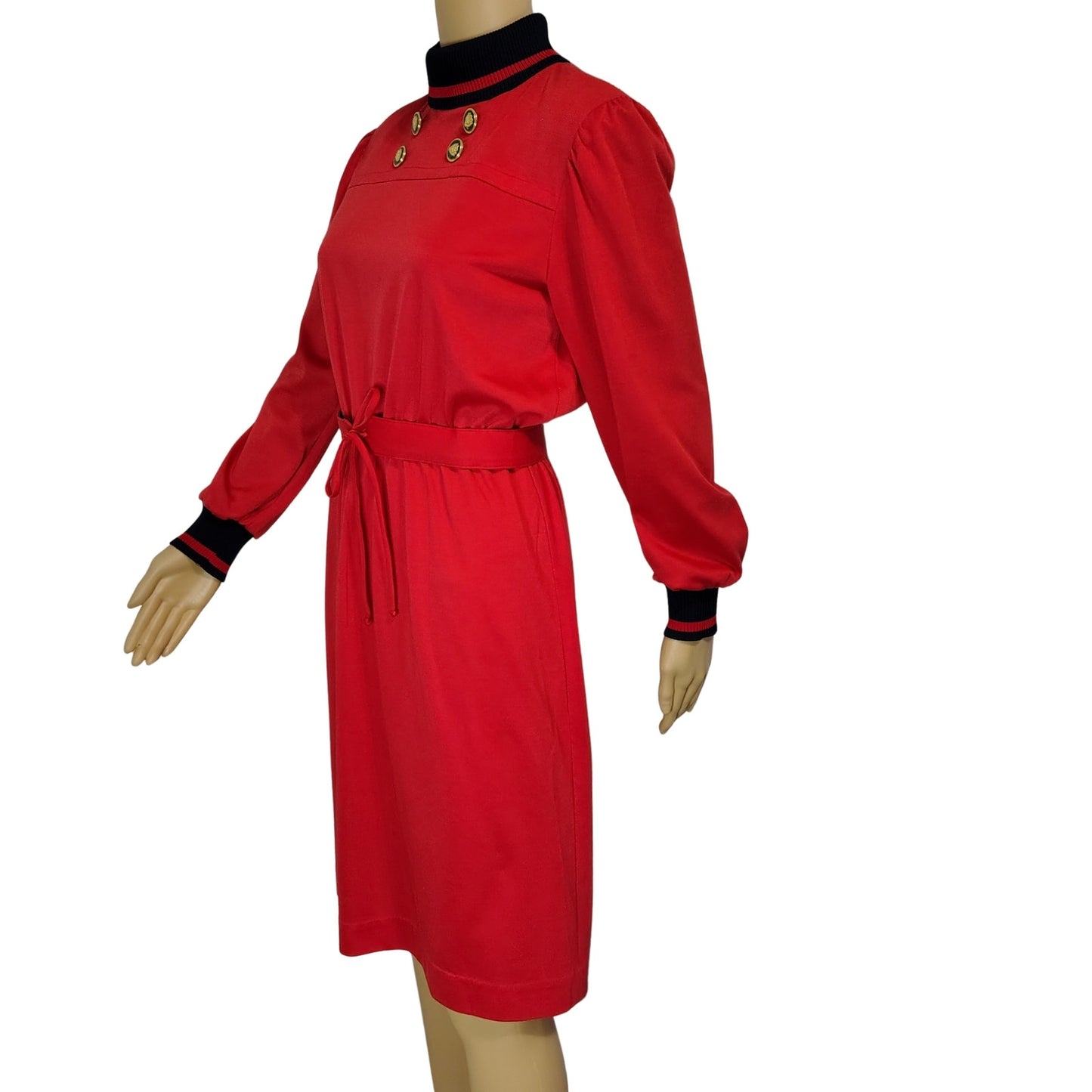 1970s Red Black Marty Gutmacher Petite High Neck Long Sleeve Midi Dress Size 10 [Vintage]