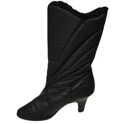 1980s Black Waterproof Rainboots 3 Inch Pump Heel Narrow Faux Fur Lining Size 7