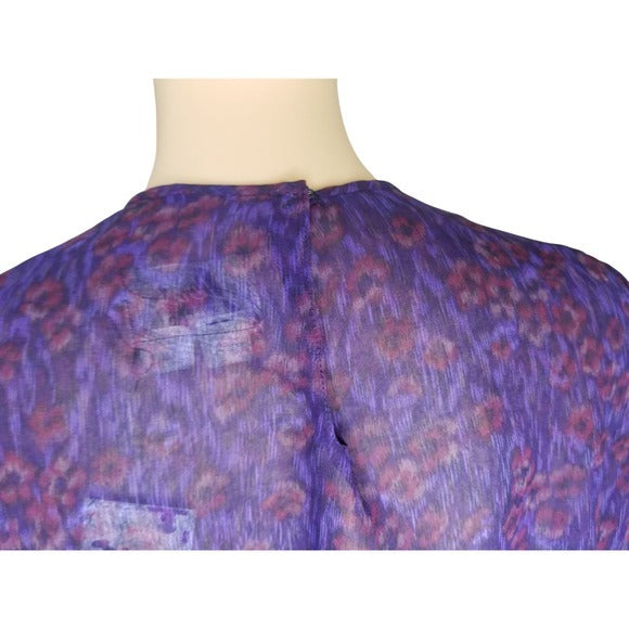 1970s Purple Sheer Leopard Print Peplum Midi Dress Long Sleeve Size 10 [Vintage]