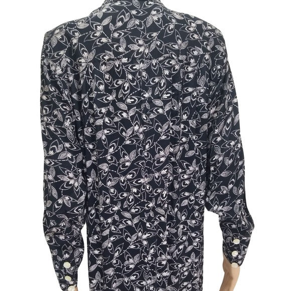 1980s Liz Claiborne Petite Black Long Sleeve Floral Shirt Dress Size 8P [VINTAGE]