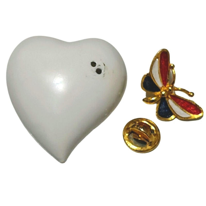 1970s Lisa Heart Brooch Removable Butterfly Lapel Pin Metal Alloy Enamel [Vintage]