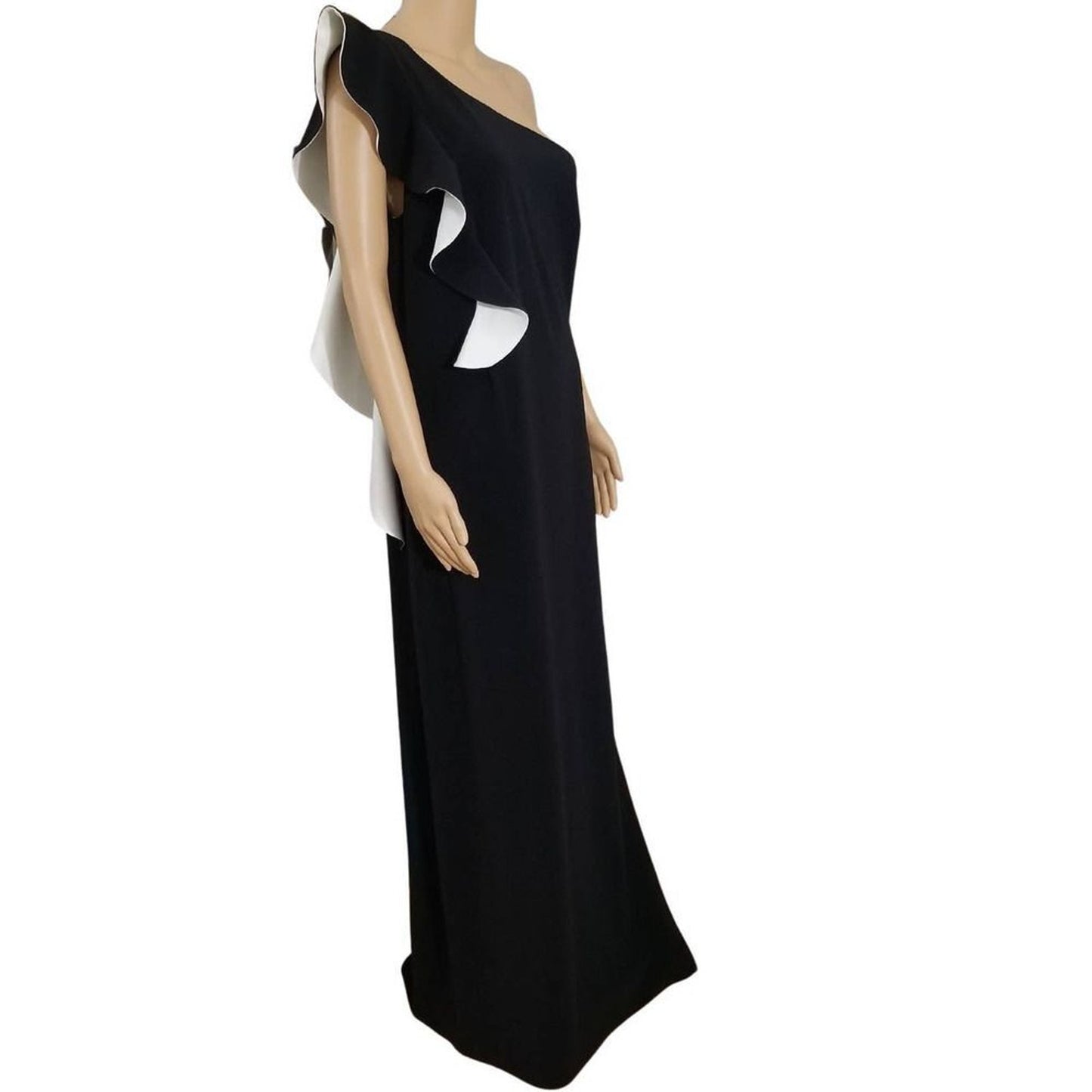 Black Prom Maxi One Sleeve Ruffle Sash High Split Formal Dress Sz Large HALSTON