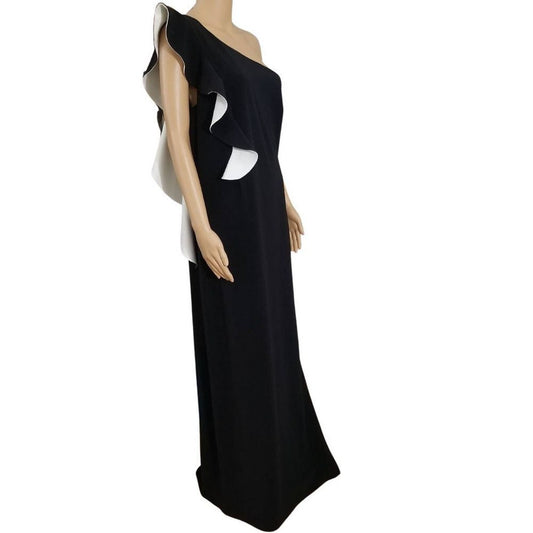 Black Prom Maxi One Sleeve Ruffle Sash High Split Formal Dress Sz Large HALSTON