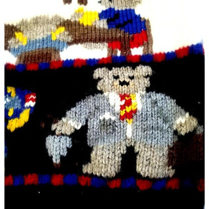 Hand Knit Pure Wool Pullover Collar Sweater Teddy Bear Motif Medium [VINTAGE]