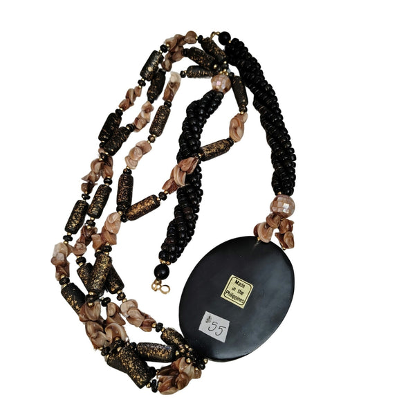 Vintage Layered Lacquered Shell Cameo Black Pink Beaded Statement Necklace