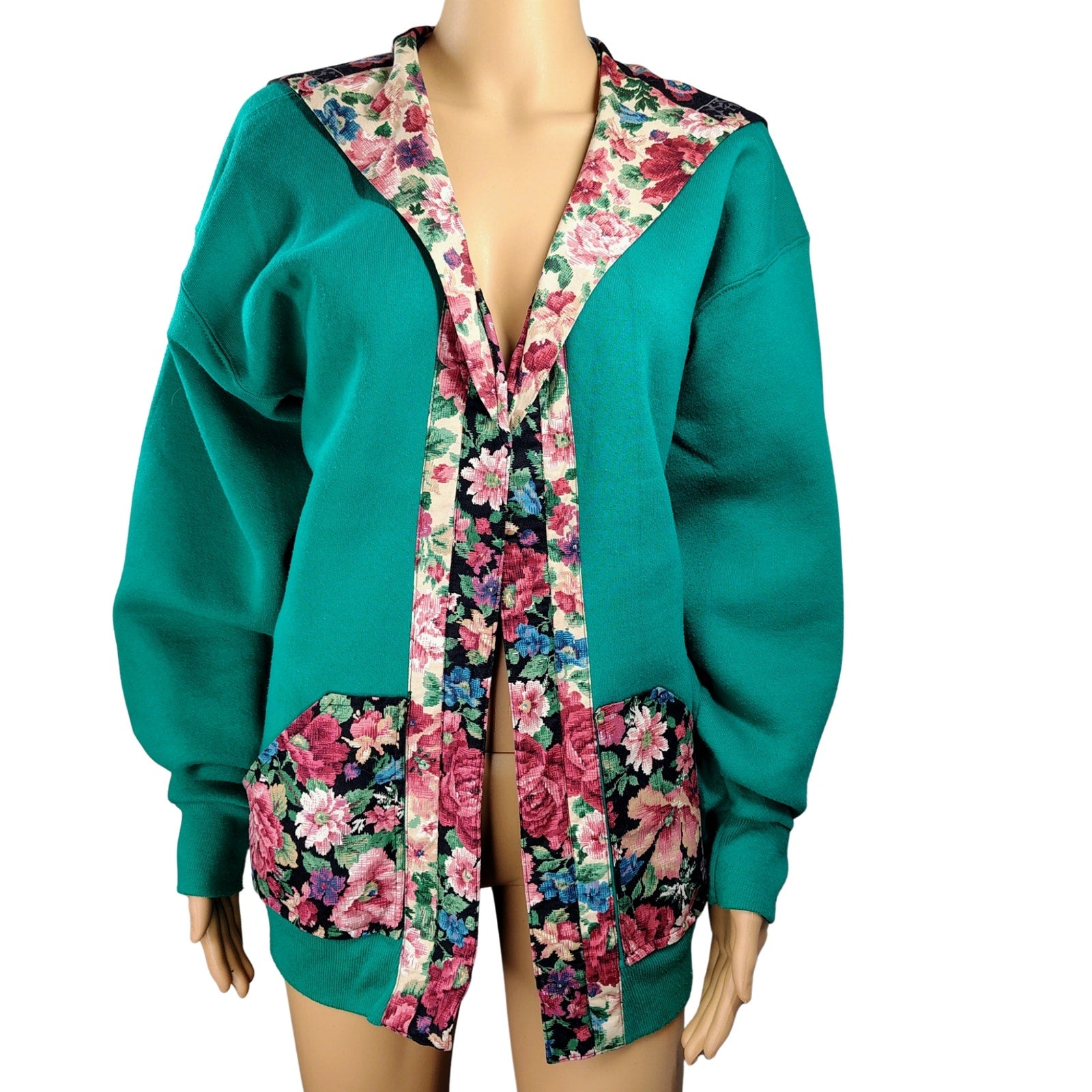 1990s Upcycled Floral Green Fleece Sweatshirt Open Front Cardigan Size XXL Women