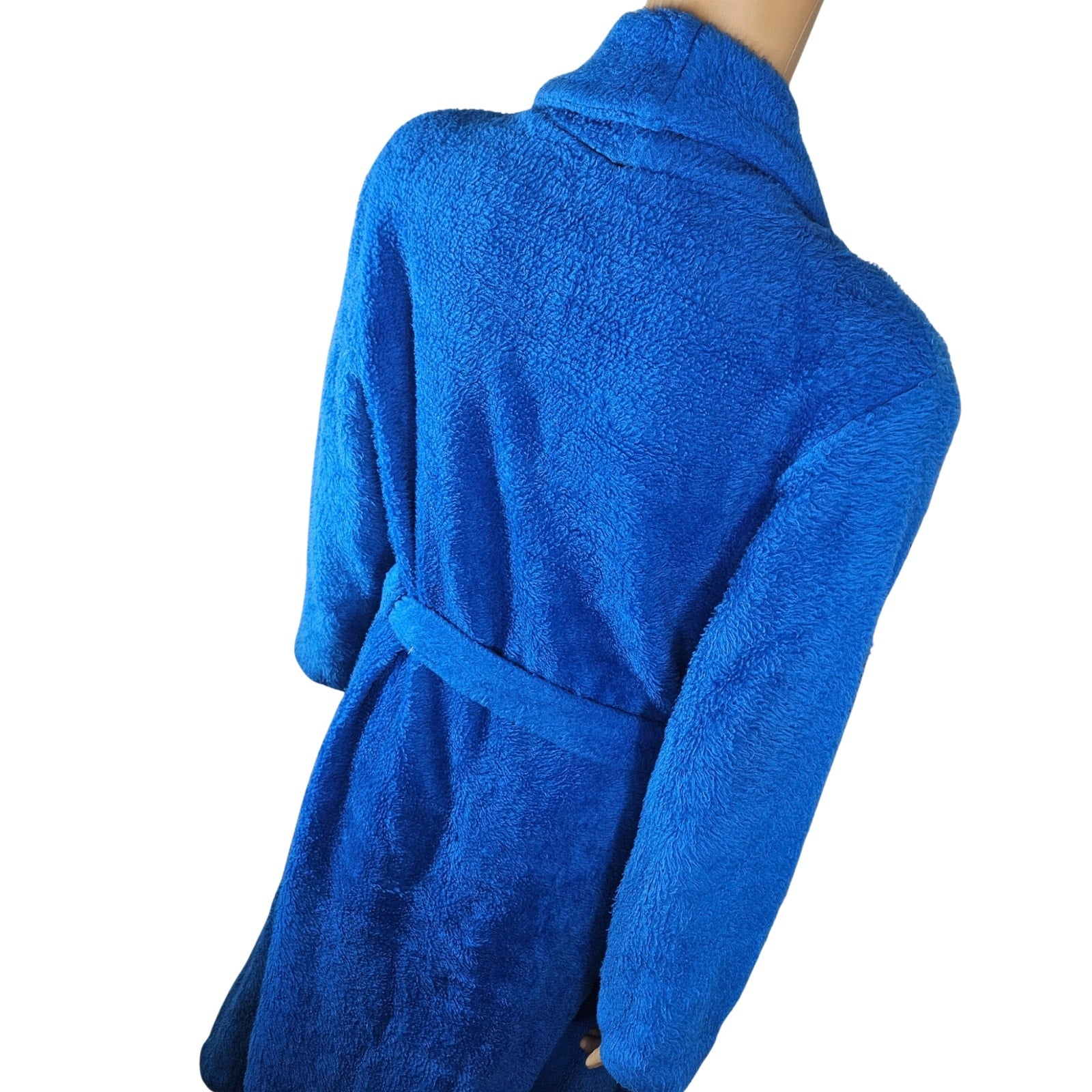 1970s Electric Blue Shaggy Full Length Robe Matching Belt Teddy Bear Fleece