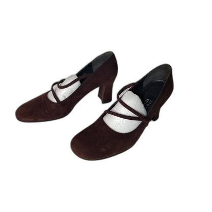 90S Vintage Brown Suede Leather Stuart Weitzman Maryjane Pumps Block Heel