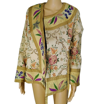 Metallic Thread Custom Beige Quilt Patchwork Floral Kimono Embroidered Size Small