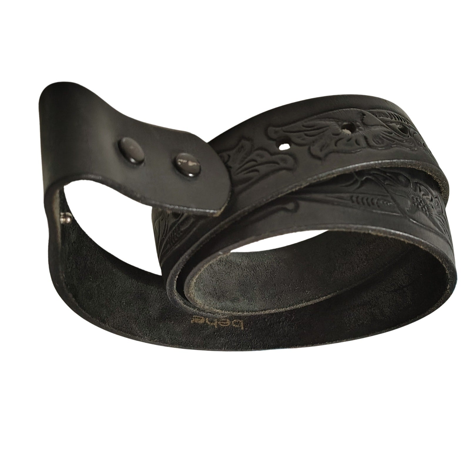 1990s Bebe Replacement Genuine Leather Belt Strap Tooled Engraved Floral Snap Closure