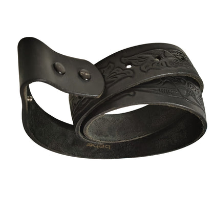 1990s Bebe Replacement Genuine Leather Belt Strap Tooled Engraved Floral Snap Closure