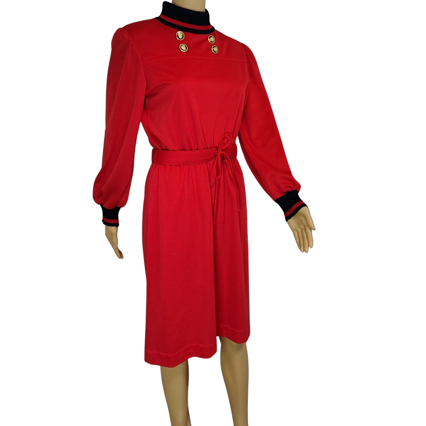 1970s Red Black Marty Gutmacher Petite High Neck Long Sleeve Midi Dress Size 10 [Vintage]