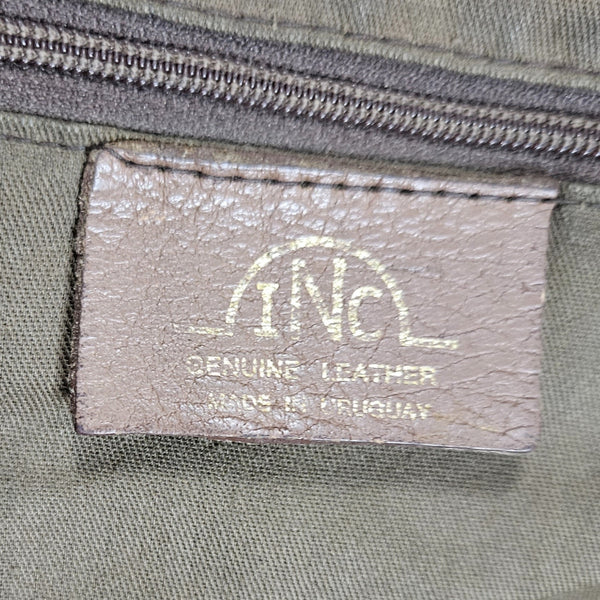 INC Brown Genuine Leather Bowling Barrel Bag Top Handle Handbag Gently Used