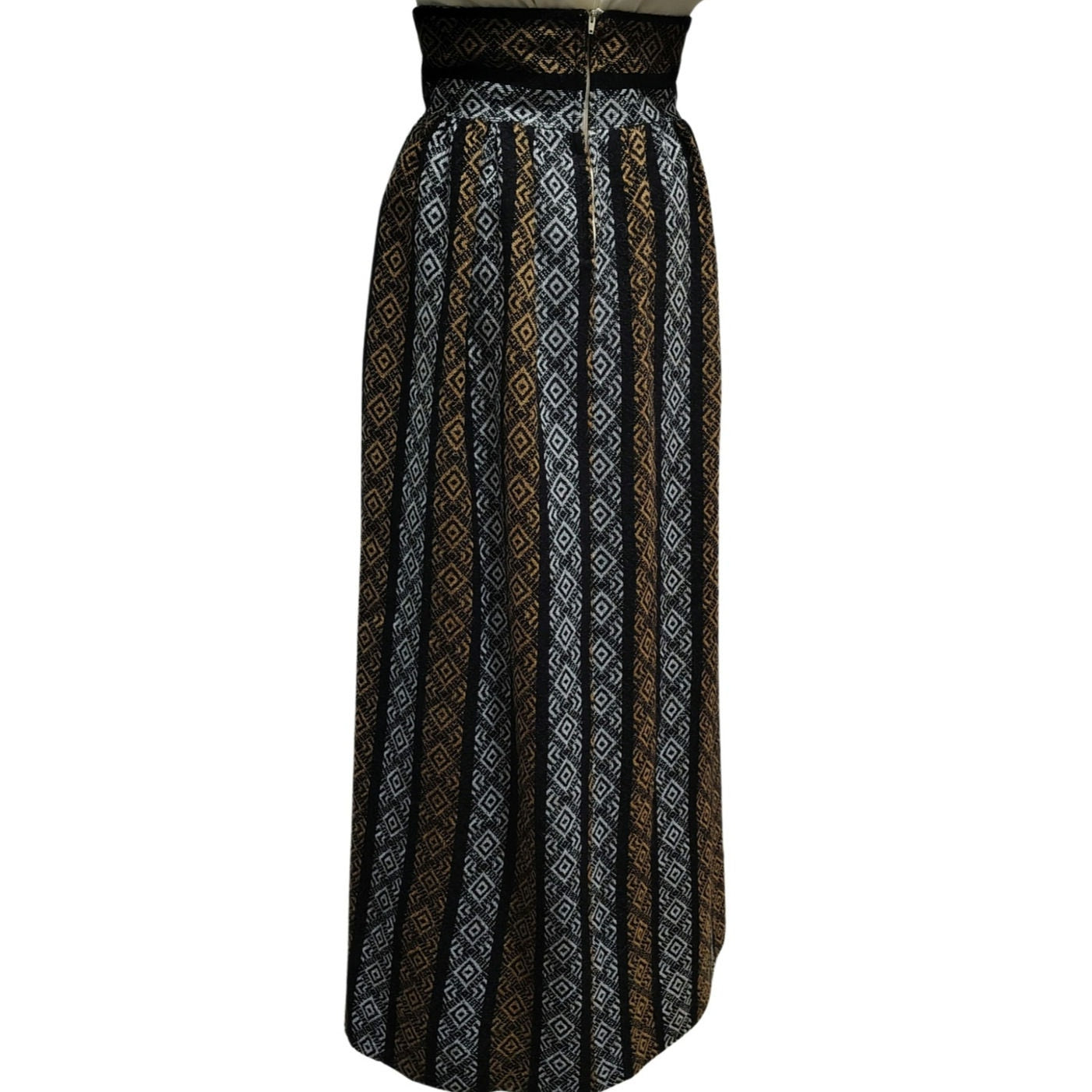 1960s High Waisted Handmade Tribal Boho Print Maxi Skirt Grommet Tie Front Size XXS [VINTAGE]