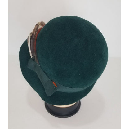 1960s Green Frank Olive Wool Hat Long Feathers Hat Band and Double Bow [VINTAGE]
