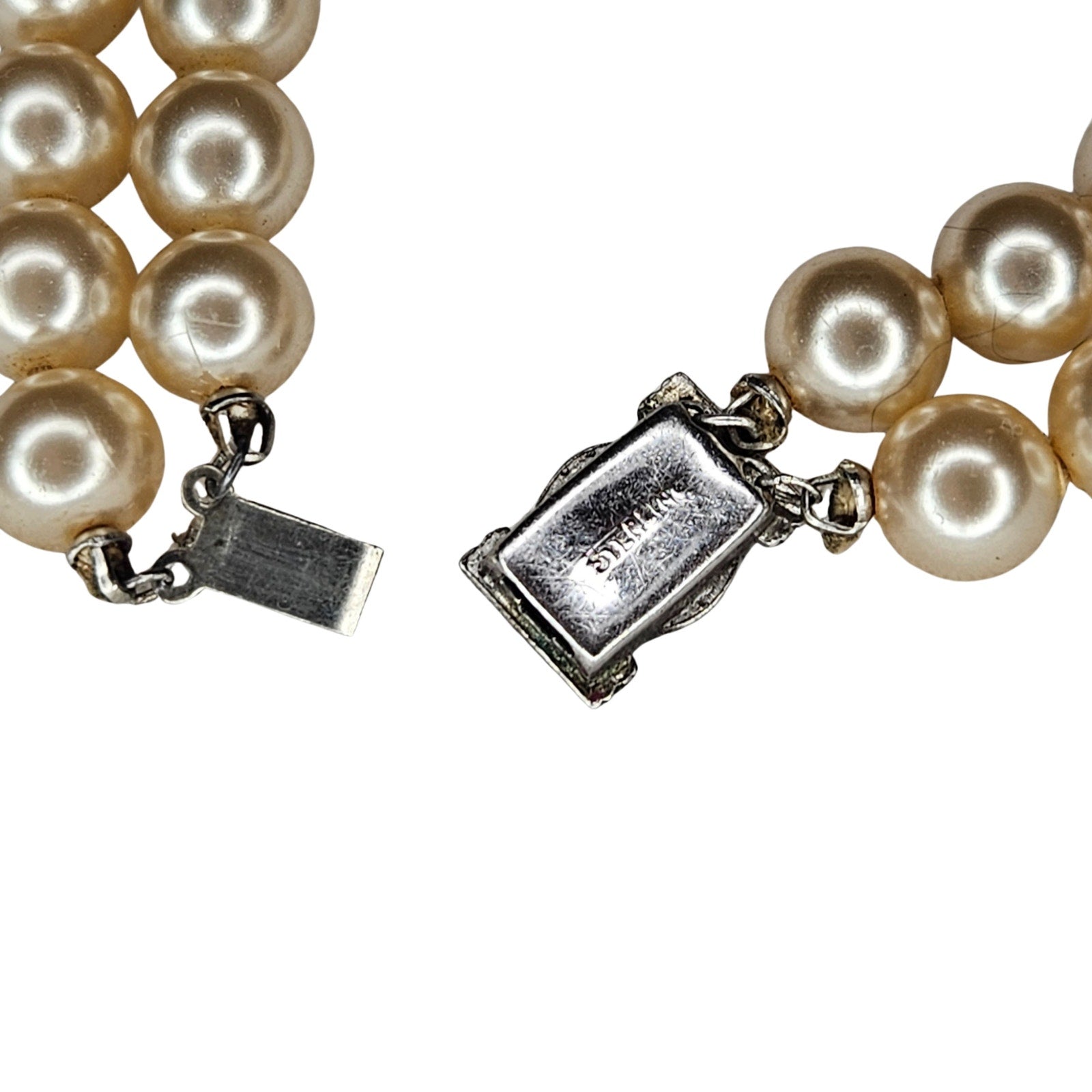 1950s Champagne Color Double Strand Faux Pearl Choker Necklace Gemstone Closure [Vintage]