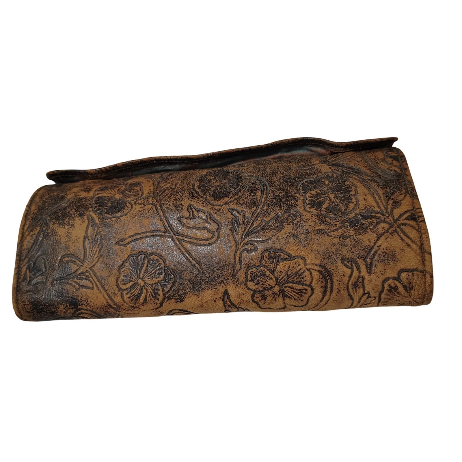 1900-1920 Tooled Leather Floral Celluloid 11 Pc Manicure Set Travel Case [Antique]