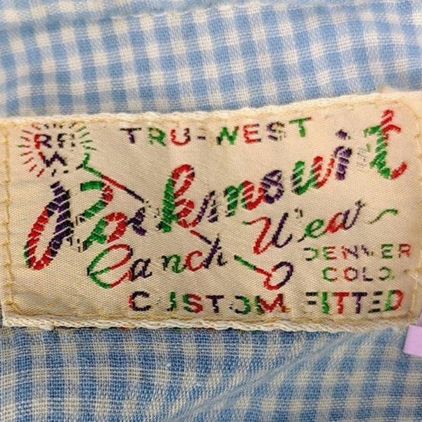 1950s Blue Micro Checks Rockmount Ranch Wear Custom Fitted Western Shirt Size Small [Vintage]