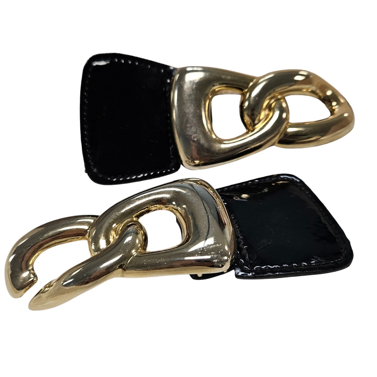 1980s Houndstooth Elastic High Waisted Belt Gold Chunky Buckle Patent Leather Small [Vintage]