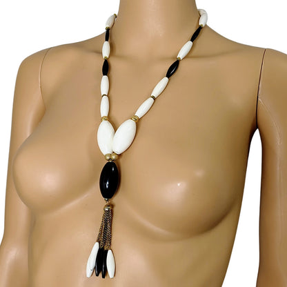 60s Lariat Tie Necklace Black White Oblong Beads Gold Tone Spacers Chain [Vintage]