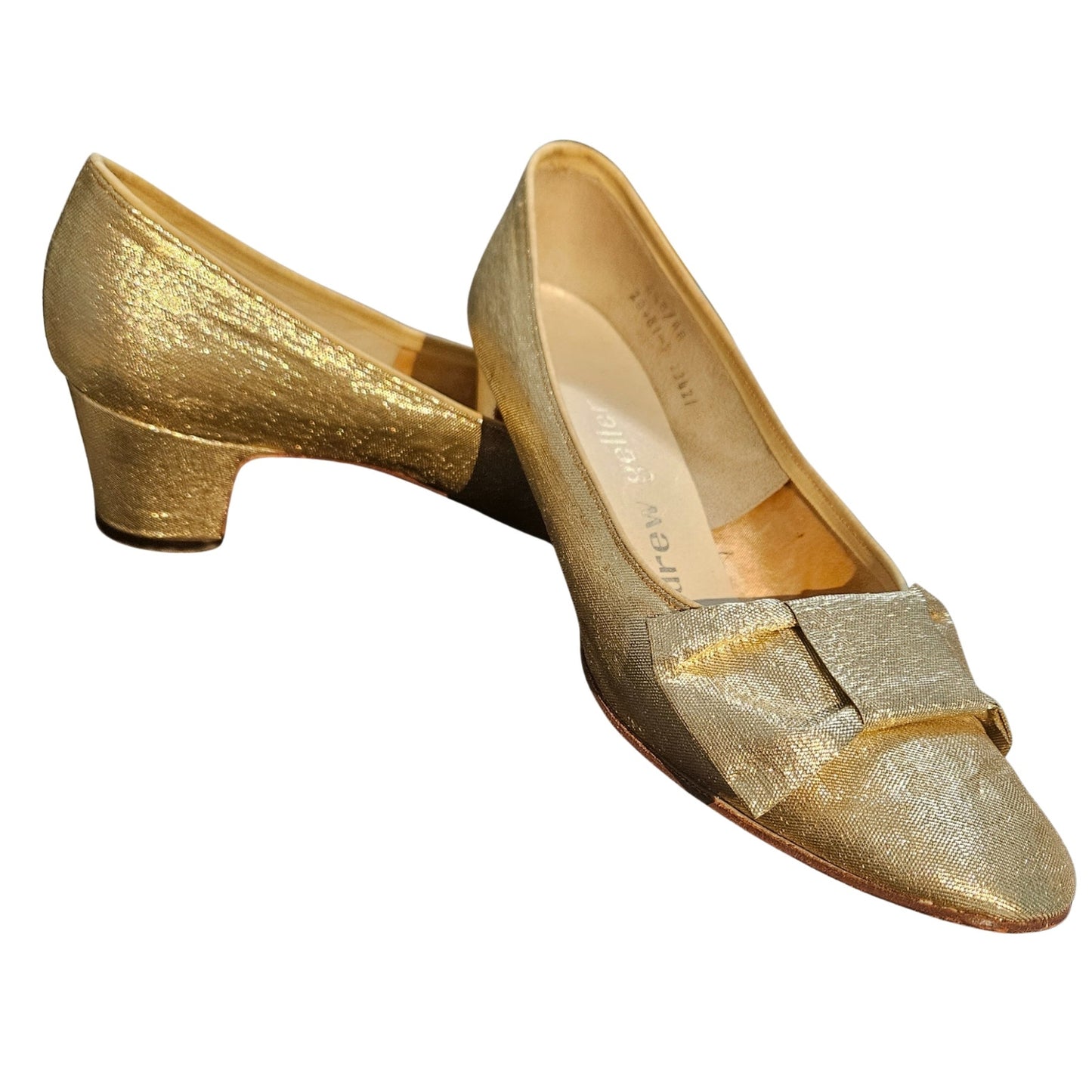 Vintage 1960s Andrew Geller Metallic Gold Bow Heels Round Toe Size 6.5 B / AA [Vintage]