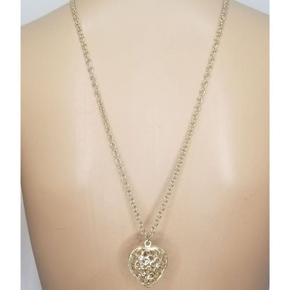 Vintage Pierced Cut Out 3D Puffy Heart Pendant Chain Link Statement Necklace
