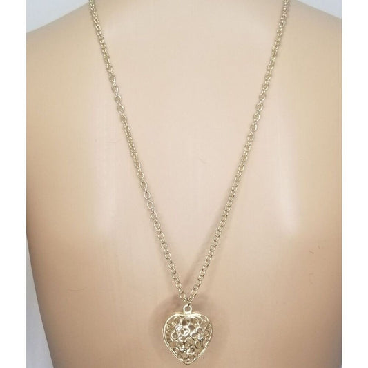 Vintage Pierced Cut Out 3D Puffy Heart Pendant Chain Link Statement Necklace